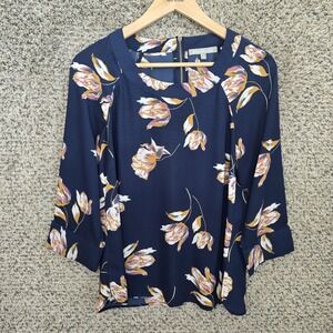 Daniel Rainn Top Womens PM Petite Medium Blue Floral Print Sheer Blouse Zip‎